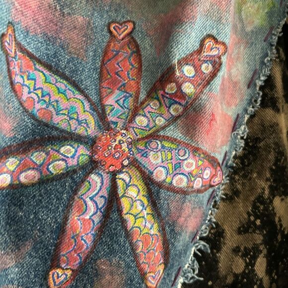 Patchwork Denim Jumper Skirt Upcycled Overall Dress Painted One of a Kind OS - Picture 12 of 16